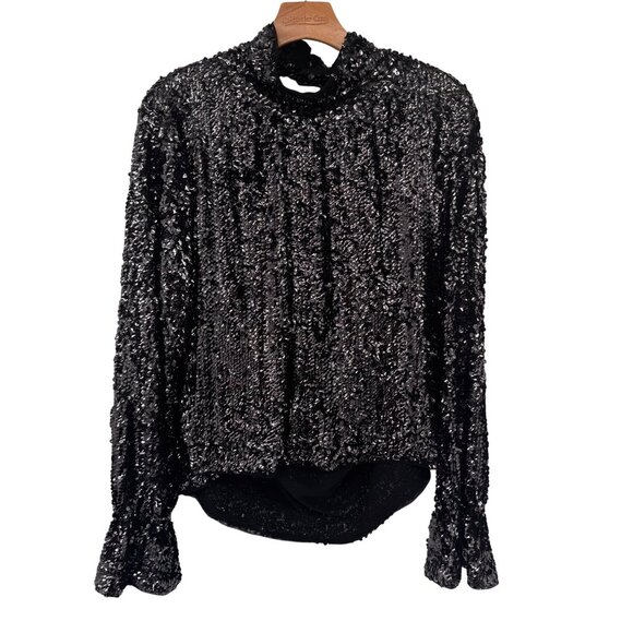 Free People moonstruck Sequin Long Sleeve Blouse  Open Back bell sleeve size XL - Picture 9 of 10